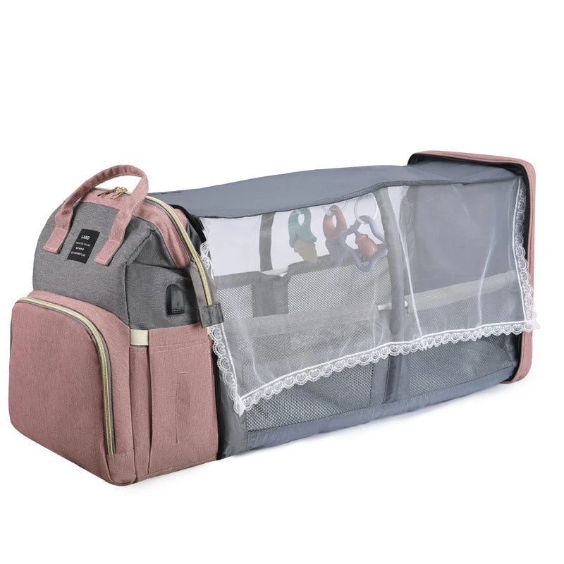 Diaper Bag with Changing Station and Folding Baby Crib