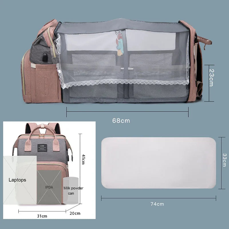 Diaper Bag with Changing Station and Folding Baby Crib