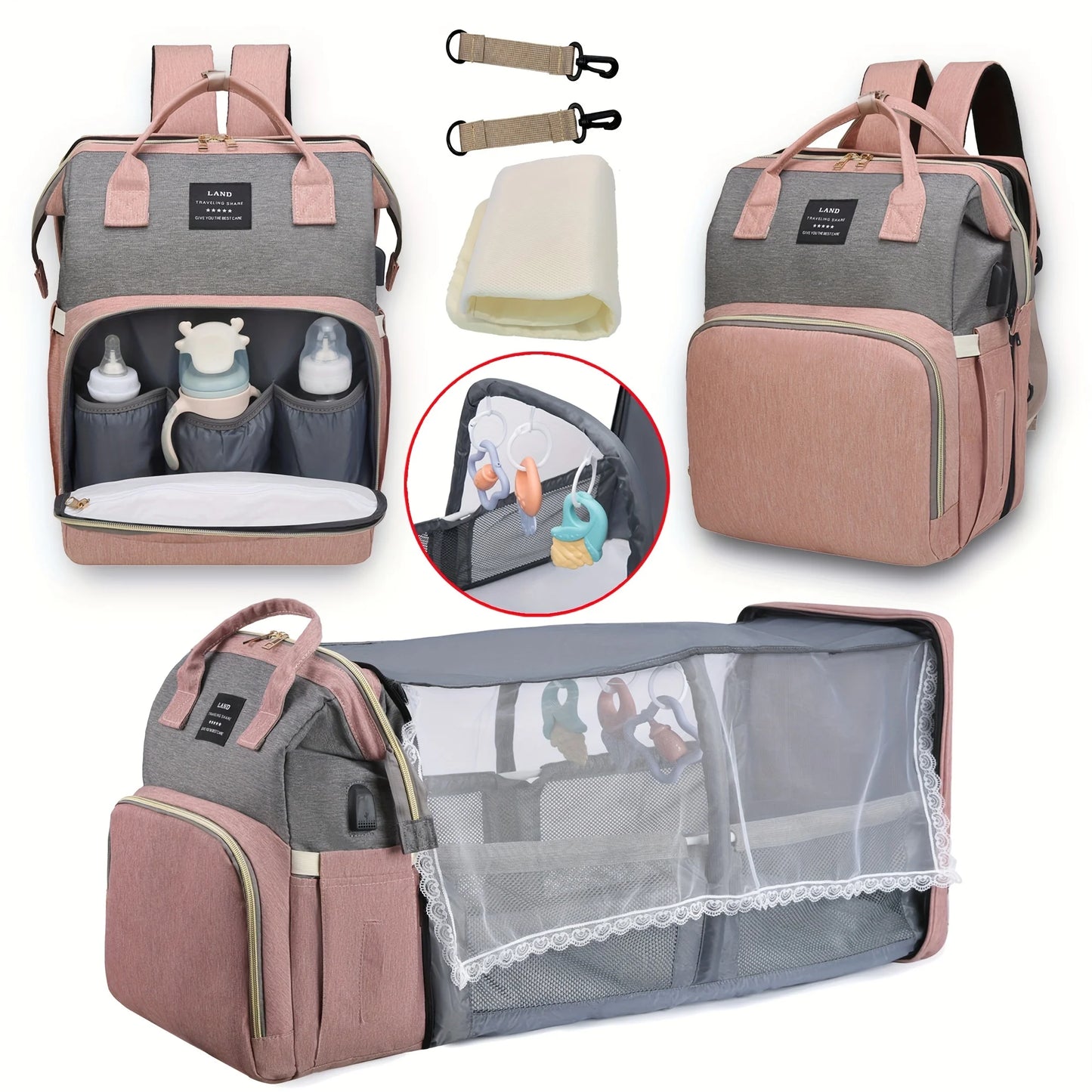 Diaper Bag with Changing Station and Folding Baby Crib