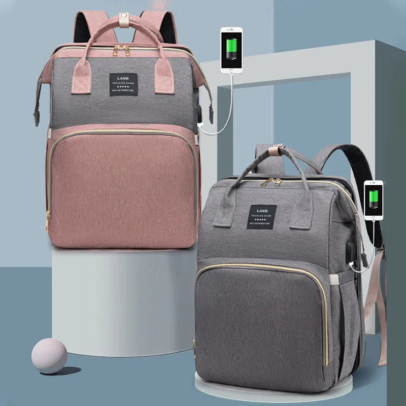 Diaper Bag with Changing Station and Folding Baby Crib