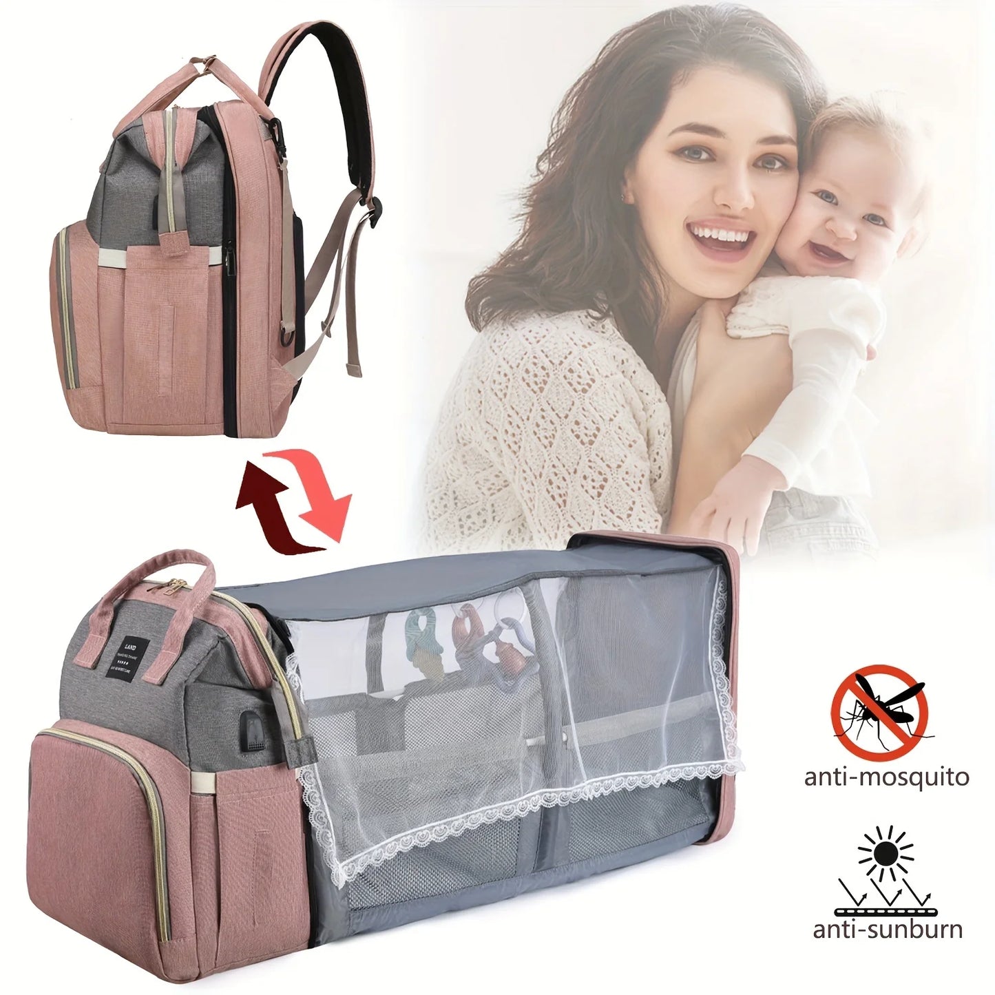 Diaper Bag with Changing Station and Folding Baby Crib