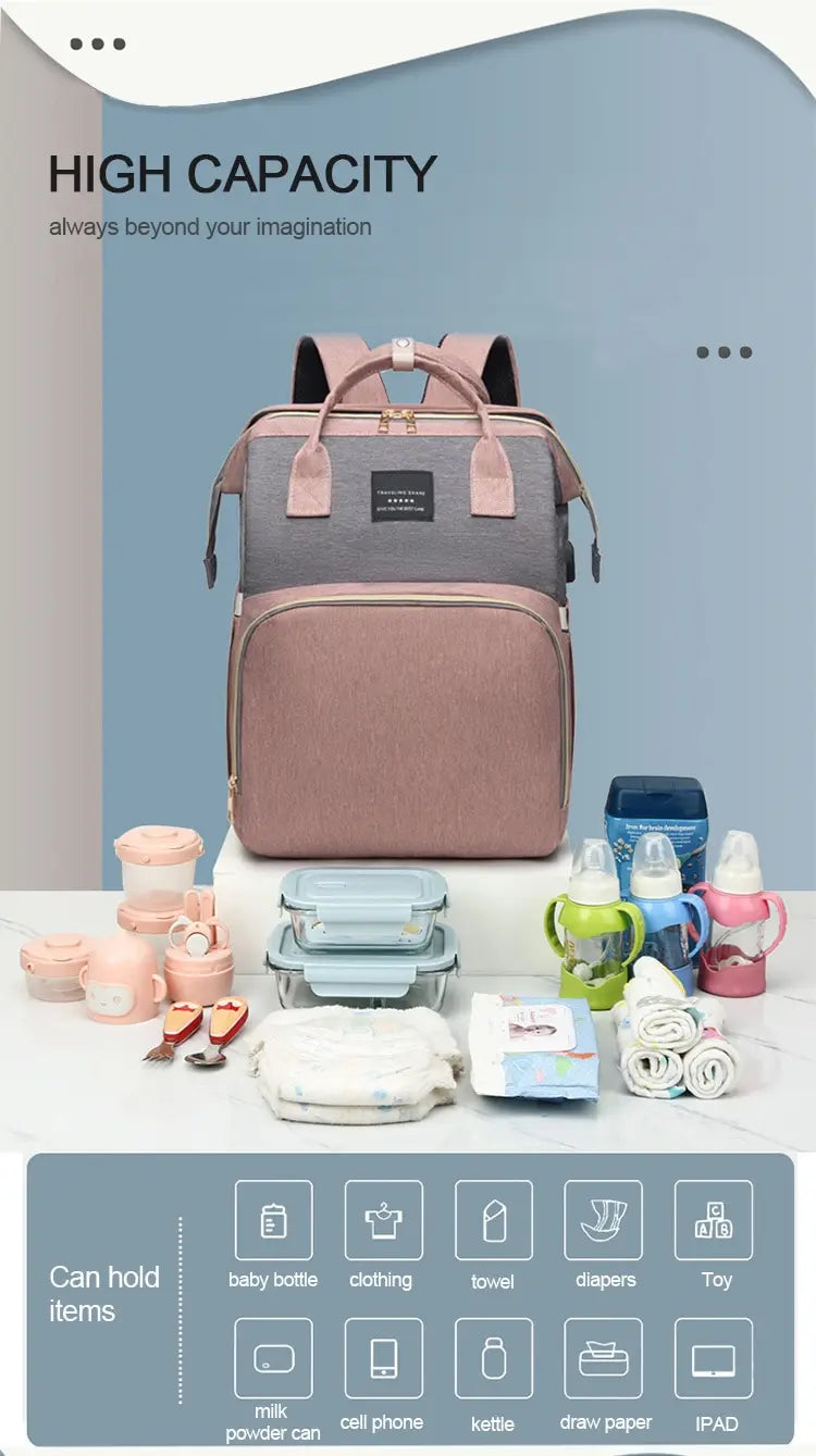 Diaper Bag with Changing Station and Folding Baby Crib